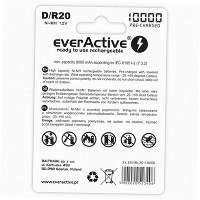 2x everActive R20 D 10000 mAh technologia ENELOOP
