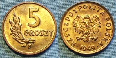 5 gr groszy 1949 brąz stan menniczy I/-I