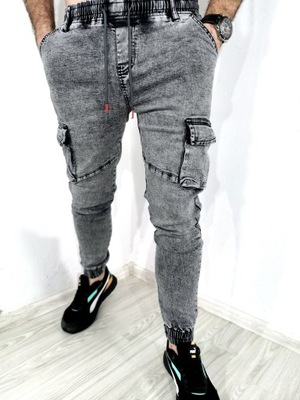 Spodnie męskie jeansowe joggery bojówki slim szare RS 36