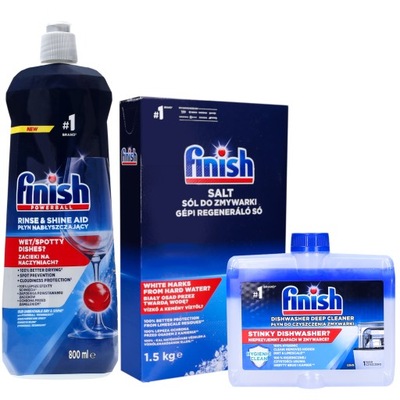 Finish Zestaw do Zmywarki Nabłyszczacz 800ml Sól 1,5kg Czyścik 250ml