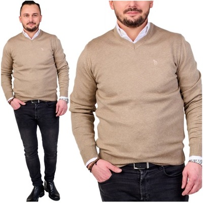 Męski sweter wełna wkładany serek konik KV501 Trikko Turkey beżowy 3XL