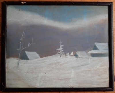 WIEJSKI PEJZAŻ ZIMOWY PASTEL SYGNOWANA