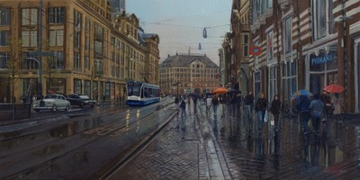 Amsterdam w deszczowy dzień, 40x80 obraz olejny J. Podlodowski