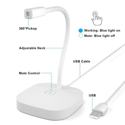 Mikrofon pojemnościowy do komputera USB Dotykowy biały