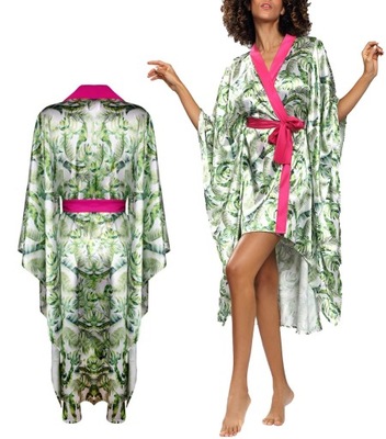 Kimono plażowe w liście, podomka satyna DKaren XXL