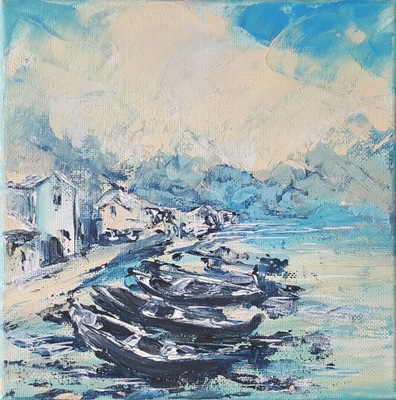 Obraz akrylowy ręcznie malowany łódki pejzaż