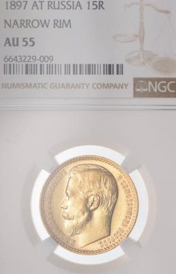 Rosja, 15 rubli 1897 Bardzo Ładna! NGC AU55