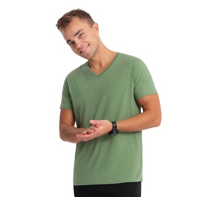 Męska bawełniana koszulka dekolt w serek BASIC zielona V10 OM-TSBS-0145 M
