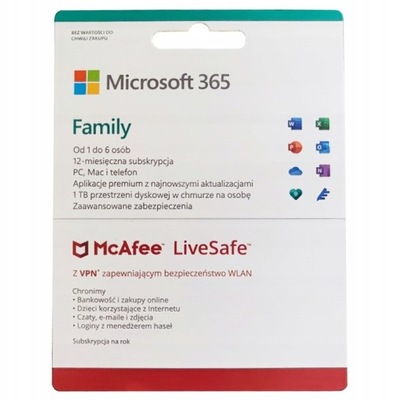 Microsoft 365 Family + McAfee 6 PC / 12 miesięcy