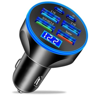 USB C CAR CHARGER ADAPTADOR 4 USB A AND 2 PD SÚPER FAST CHARGE WITH VOLTAGE M  