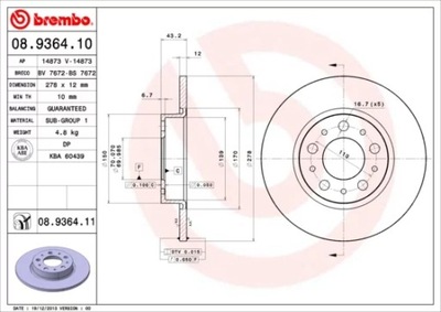 BREMBO 08.9364.11 DISCO DE FRENADO PARTE TRASERA  