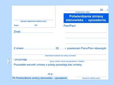 POTWIERDZENIE ZMIANY STANOWISKA - UPOSAŻENIA