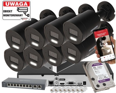 Monitoring HIKVISION 8 kamer DS-2CD2043G2-LI2U-BLACK 4mpx Acusense + Switch