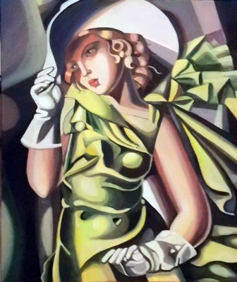 Tamara Łempicka- W kapeluszu- obraz akrylowy, rękodzieło 50 na 70 cm