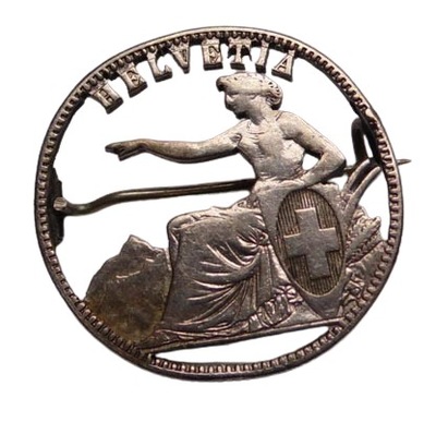 Srebrna broszka wycinanka z monety 2 franki 1860r. Szwajcaria