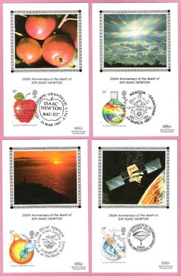 Anglia 1987, MC FDC 4szt. nauka fizyka astronomia Isaac Newton, JEDWAB