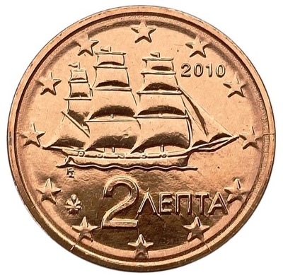 GRECJA 2 EURO CENTS = 2 LEPTA 2010 STATEK ŻAGLOWIEC MENNICZA