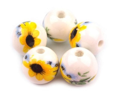 Koraliki porcelanowe Kwiaty 12mm biało żółte 5 szt