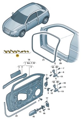 KOMPLEKTAS ELEMENTOW MOCUJACYCH DURYS PRIEK. AUDI A1 ASO ORIGINALAS 