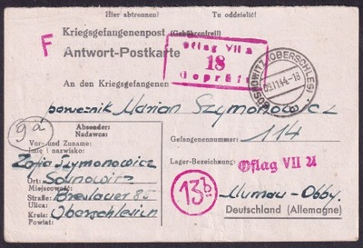 Oflag VIIA Murnau kartka wysłana z Sosnowca do obozu 1944 (15)
