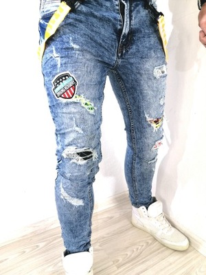 Spodnie męskie jeans jasne dziury szelki RS 30