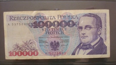 Banknot 100000 zł 1993 seria A stan 3