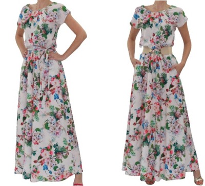 Maxi długa kremowa sukienka w kwiaty r.36 (34- 54