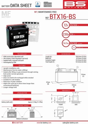 BS BATERÍA BTX16-BS (YTX16-BS) 12V 14AH 152X88X161 BEZOBSLUGOWY - ELÉCTRICO  