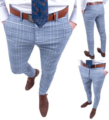 Spodnie męskie eleganckie niebieskie w krate - 38