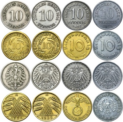 Niemcy zestaw 8 x 10 Pfennig 1873-1945 RÓŻNE TYPY
