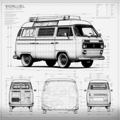 Plan schemat samochód VW t3 zabytek plakat 40x40cm