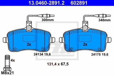 ATE 13.0460-2891.2 ZAPATAS DE FRENADO PARTE DELANTERA PEUGEOT 407 1,6-2,0 HDI 04-  