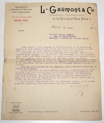 L.GAUMONT & CIE Paris 1901 pismo reklamowe