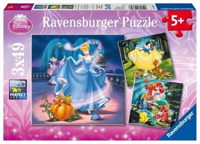 Puzzle Królewna Śnieżka Kopciuszek Arielka 3x49el