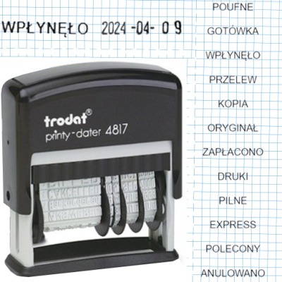 PIECZĄTKA DATOWNIK Z HASŁAMI TRODAT 4817 CYFRA ROK MIESIĄC DZIEŃ CZARNY