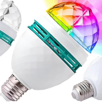 ŻARÓWKA E27 OBROTOWA KULA DISCO KOLOROWY PROJEKTOR DYSKOTEKOWY LED RGB 3W