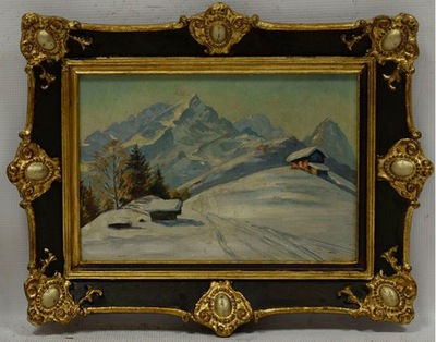 Stary obraz Górski pejzaż zimowy sygn Olej 44x35cm