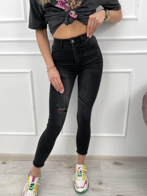 Czarne spodnie jeansy damskie z przetarciami r.M