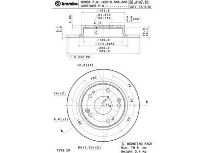 BREMBO 08.A147.10 ДИСК ГАЛЬМІВНИЙ (1 ШТУКА)