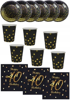 Zestaw kubki talerzyki czarne złote kropki na 40 urodziny czterdziestka