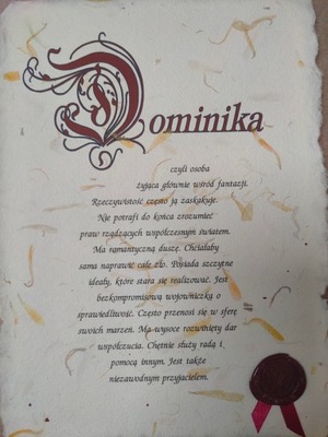 Imię na papierze czerpanym Dominika