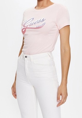GUESS T-shirt bawełniany różowy cyrkonie logo XL