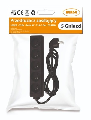 Przedłużacz 5 gniazda Listwa zasilająca 1,5m CZARNY 3*1,0 mm2 13A 3000W