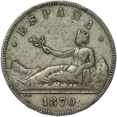 Hiszpania, 5 Pesetas 1870 m11