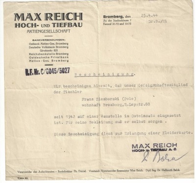 Dokument okupacyjny dla Polaka Bydgoszcz 1944