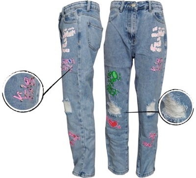 Spodnie jeans niebieskie z kolorowymi nadrukami 158/164