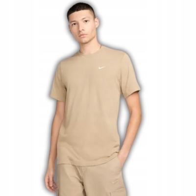 NIKE T-Shirt Męski Okrągły Dekolt Haftowane Logo Beżowy Rozmiar L