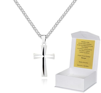 Srebrny łańcuszek Krzyżyk Komunia Chrzest DEDYKACJA 50cm P3K13