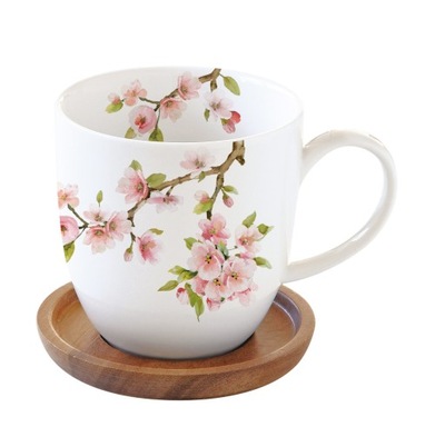 Duży kubek porcelanowy 350 ml drewniany spodek