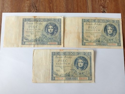 zestaw trzech banknotów 5 złotych 1930 rok ser.U, EN, CI